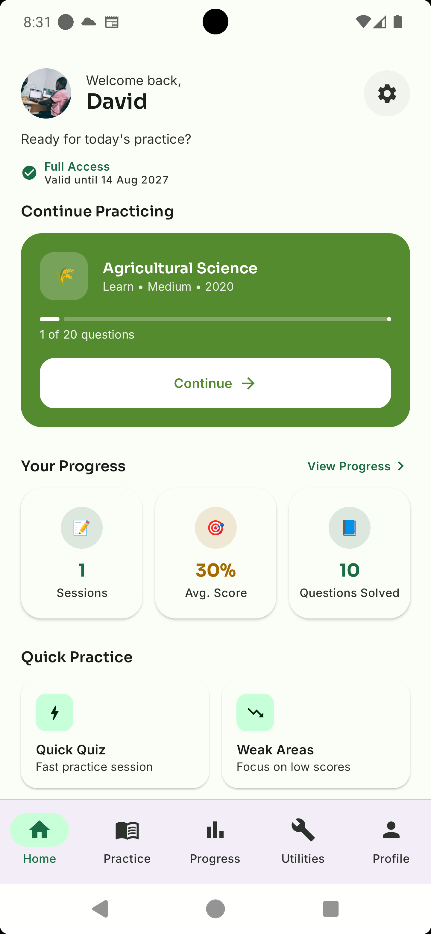 QuizRipple home screen showing full access status, session stats, and past questions by subject