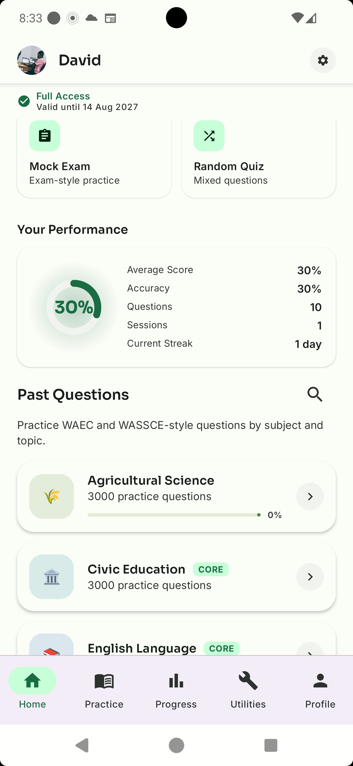 QuizRipple home screen showing full access status, session stats, and past questions by subject